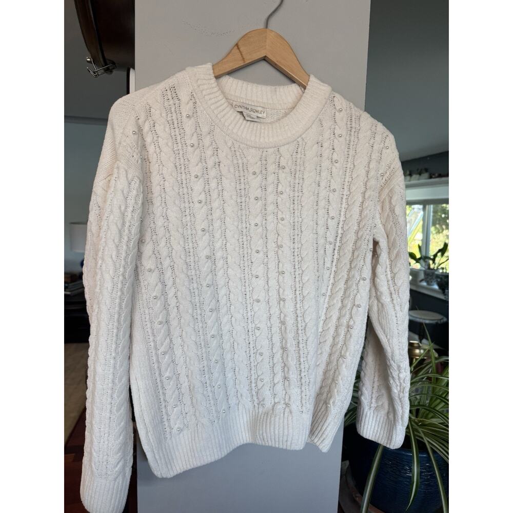 Cynthia Rowley XS Cream Cable Knit Sweater with Pearls Chunky Knit Cottagecore